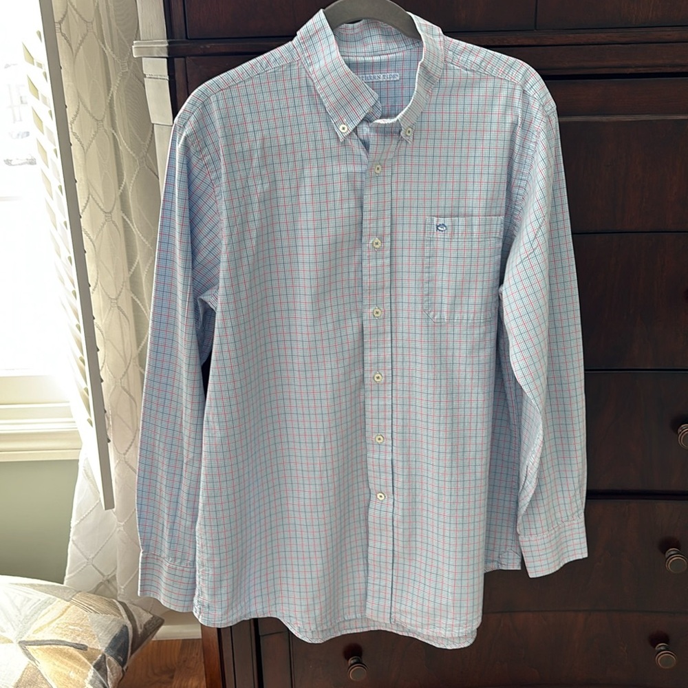 Southern Tide Light Blue and Pink Plaid Button-Down Shirt